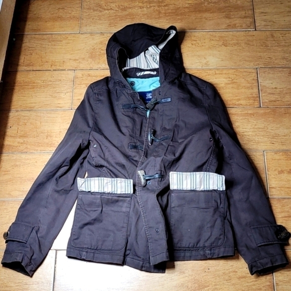 BURBERRY Brown Hoodie Nova Check Duffle Jacket Buffalo Horn Buttons Size XS/S - Picture 8 of 16